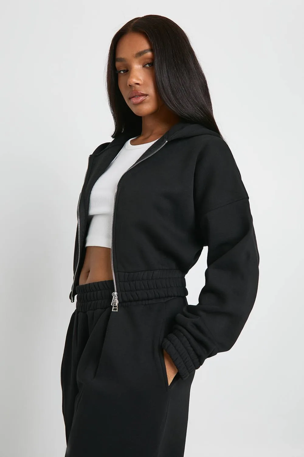 Cropped Double Zip Cinched Waist Hoodie by boohoo