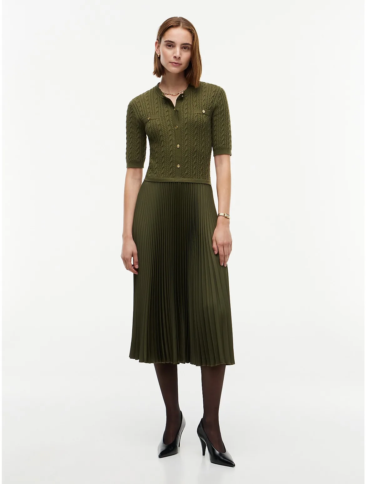 Gold Button Mixed-Media Pleated Midi Dress by Tommy Hilfiger