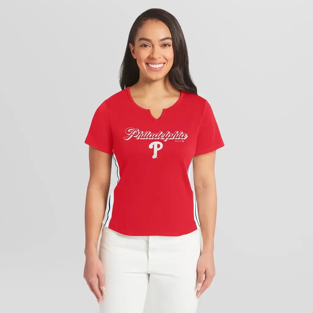 WEAR by Erin Andrews Philadelphia Phillies Notch Neck Cropped T-Shirt by WEAR by Erin Andrews