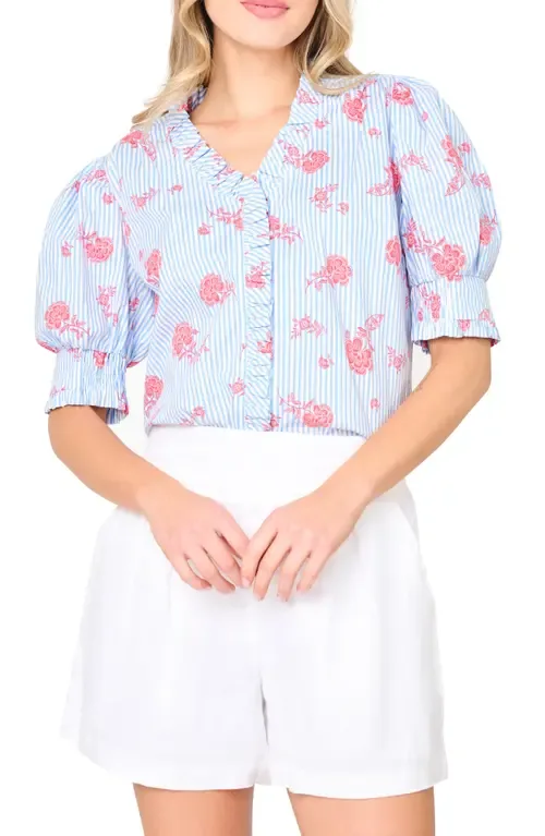 Iris Stripe Floral Stretch Cotton Poplin Top by GIBSONLOOK