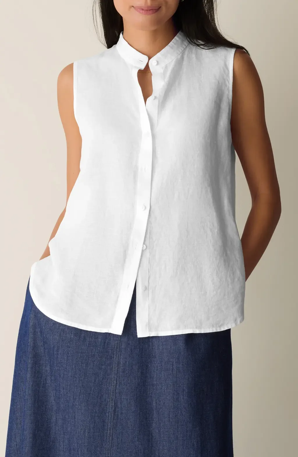 Sleeveless Linen Mandarin Collar Button-Up Shirt by Eileen Fisher
