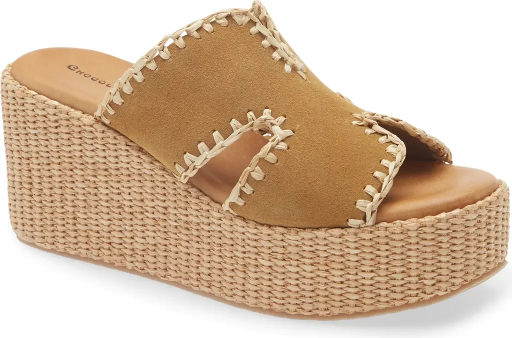Jaxx Platform Wedge Sandal in Camel Suede by Chocolat Blu