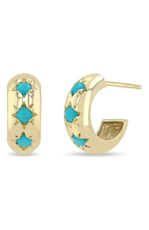 14K Gold Turquoise Huggie Hoop Earrings by Zoë Chicco