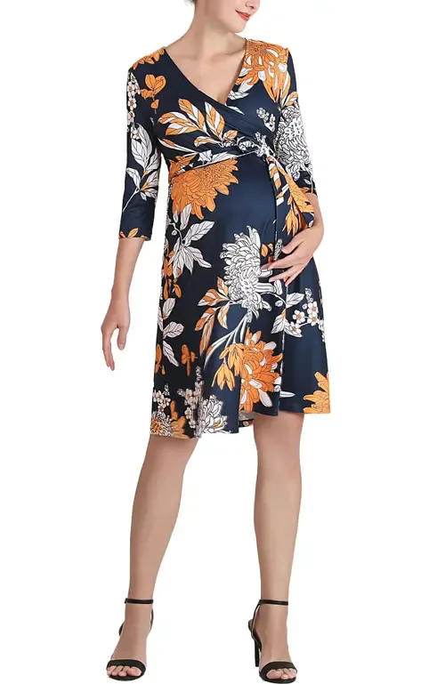 Dona Floral Faux Wrap Maternity Nursing Dress by Kimi & Kai