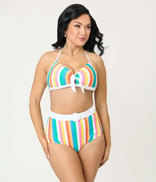 High Waisted Belted Redondo Swim Bottoms by Unique Vintage