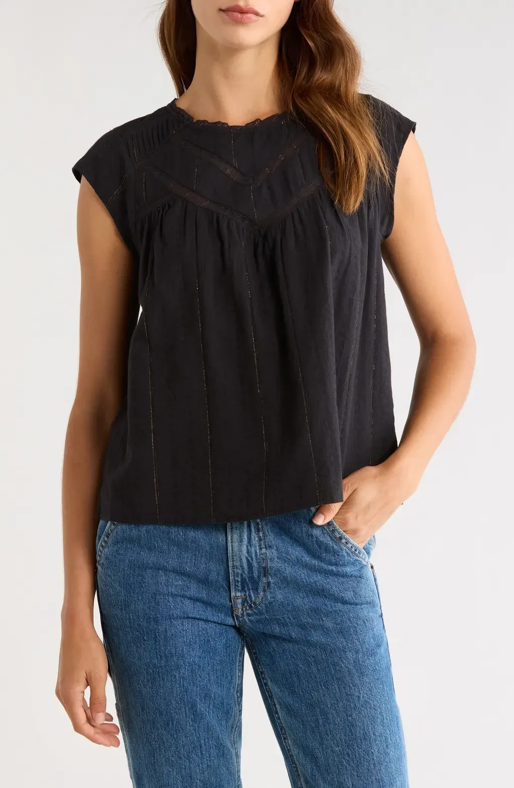 Lace Inset Yoke Metallic Cotton Top by Lucky Brand