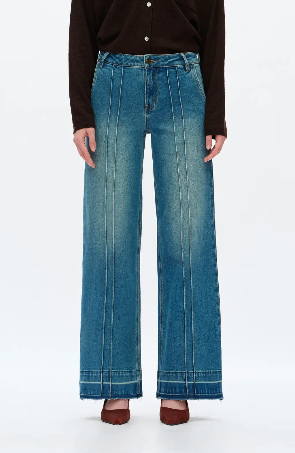 Jermy Seamed High Waist Raw Hem Wide Leg Jeans by Bayeas