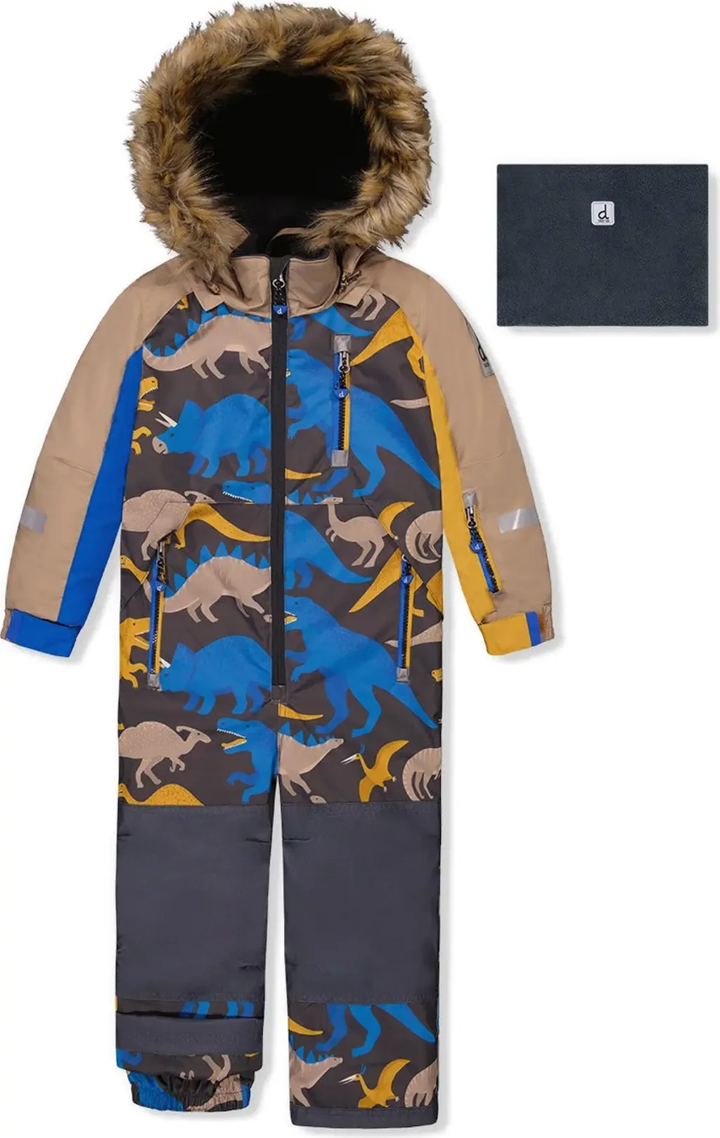 Play Dinosaur Faux Fur Hood Fleece Neckwarmer One Piece Snowsuit by Deux par Deux