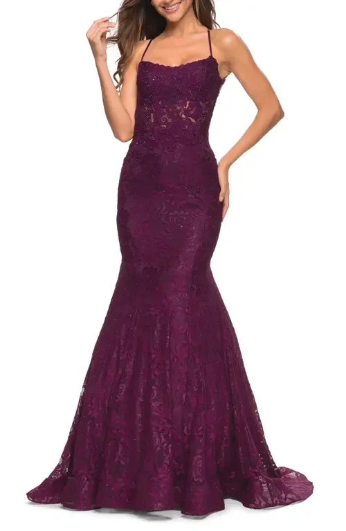 Mermaid Lace Gown with Sheer Bodice and Open Back by La Femme