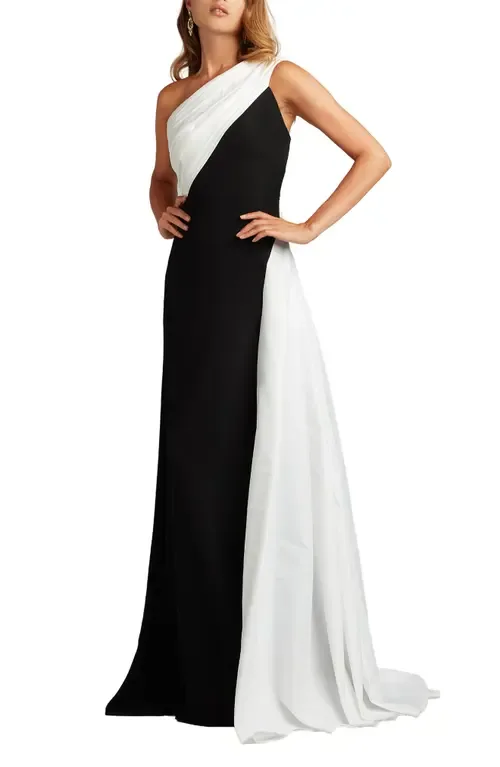 Taffeta Detail One-Shoulder Crepe Gown by Tadashi Shoji