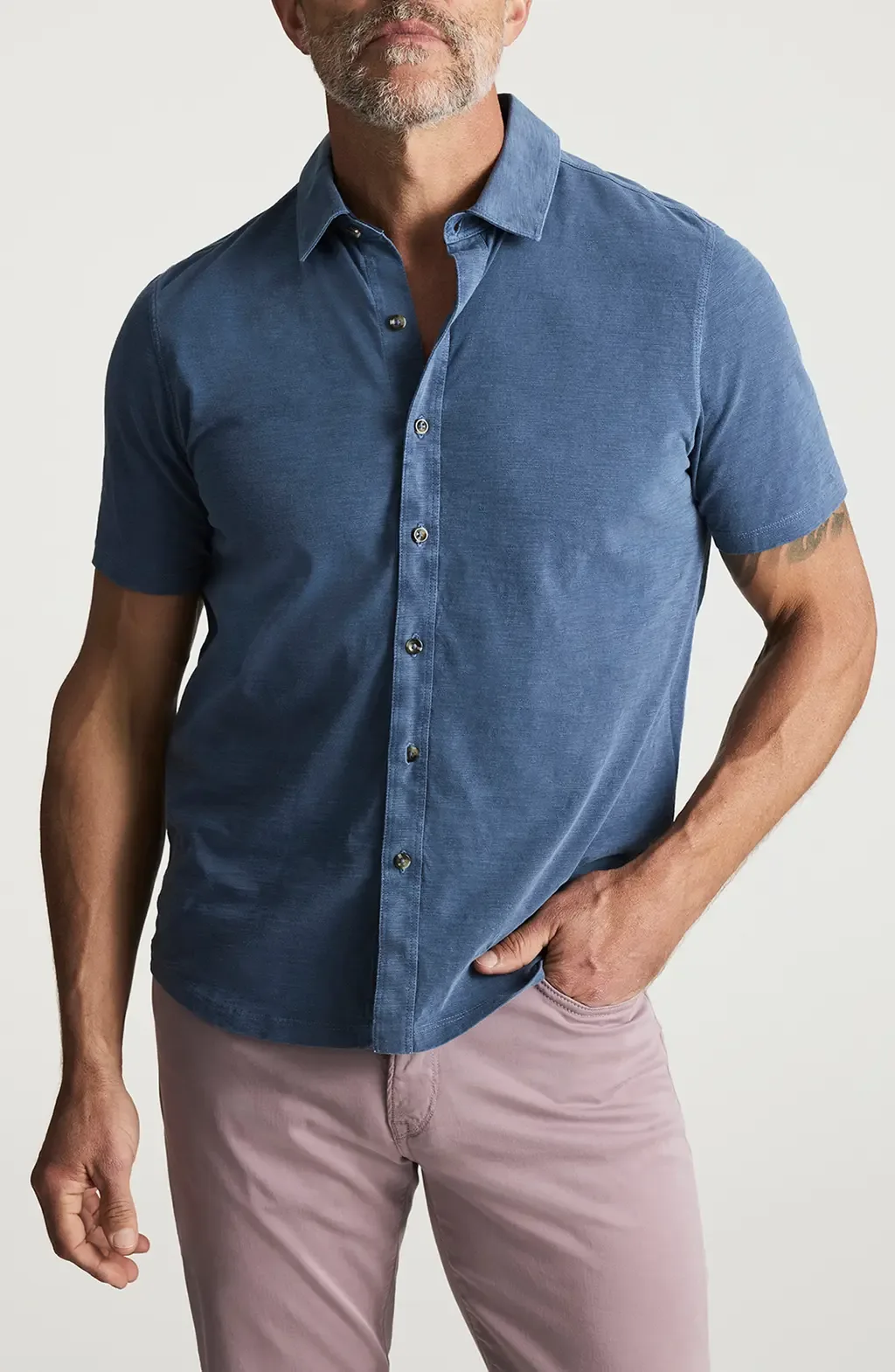 Short Sleeve Slub Cotton Jersey Button-Up Shirt by 34 Heritage