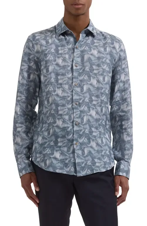 Julian Shaped Fit Abstract Leaf Print Linen Button-Up Shirt by Bugatchi