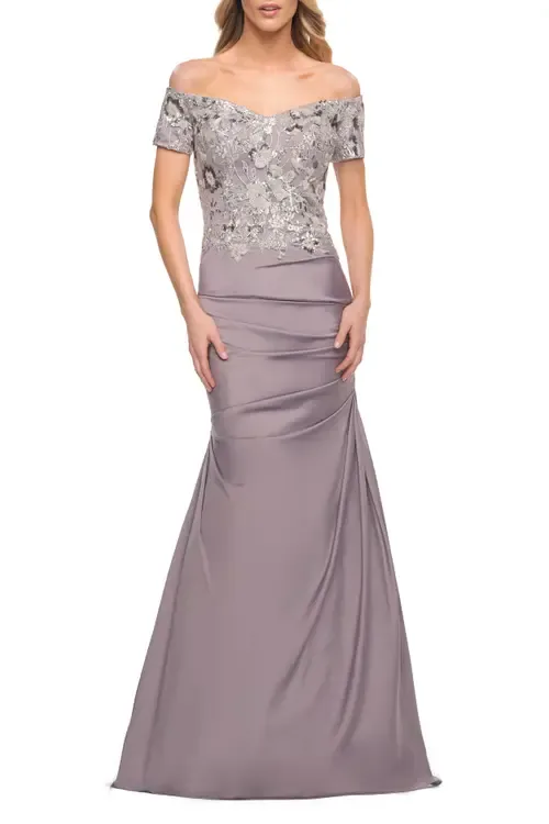 Off the Shoulder Satin and Lace Beaded Mermaid Gown by La Femme