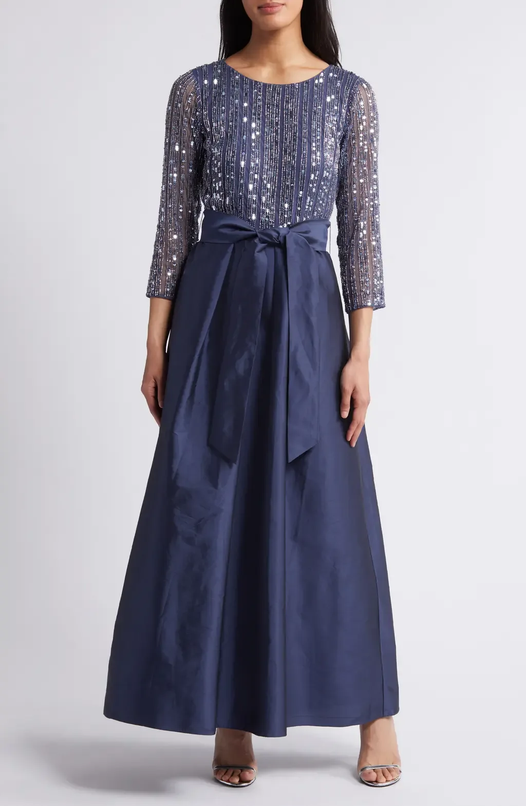 Bow Long Sleeve Sequin & Taffeta Gown - Denim by Pisarro Nights