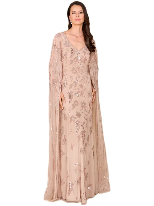 Beaded Sheath Dress with Long Cape by LARA New York