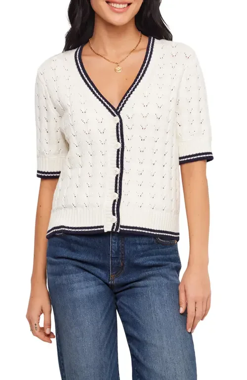 Pointelle Cotton Blend Short Sleeve Cardigan by Karen Kane