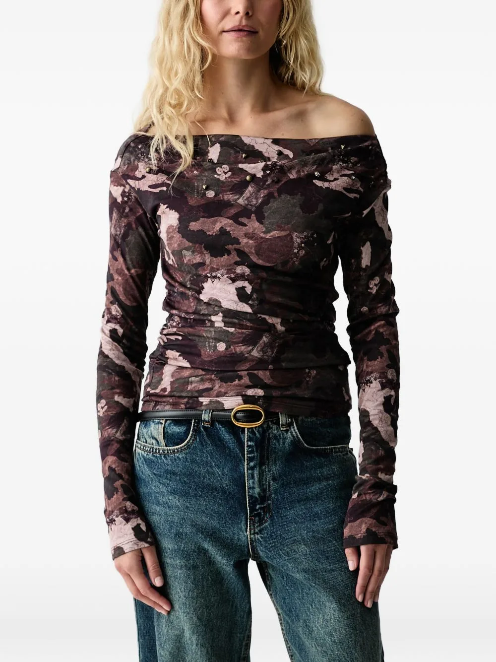 Embellished Camouflage-Print Long-Sleeve Top by Miss Sixty