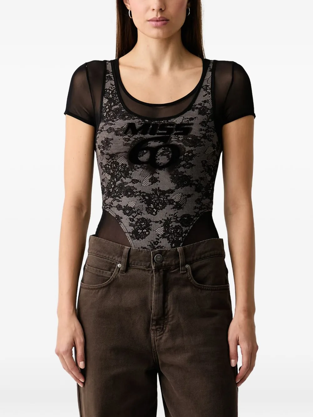 Lace-Overlay Mesh Bodysuit by Miss Sixty