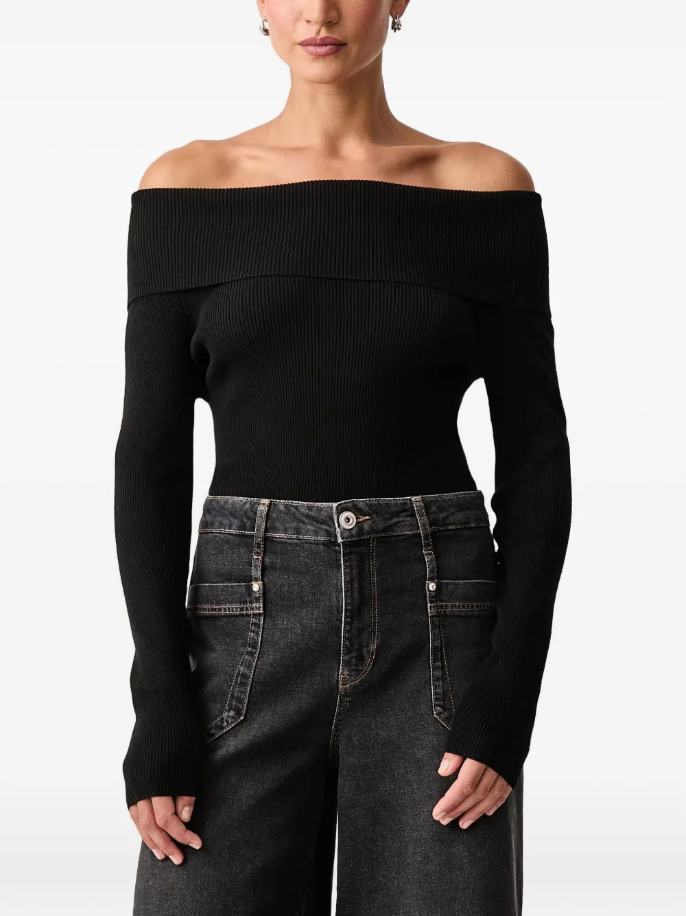 Off-Shoulder Ribbed Sweater by Mos Mosh