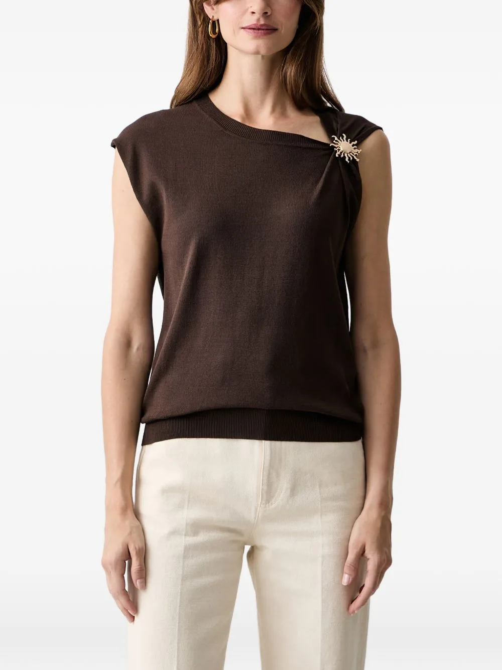 Brooch-Detail Asymmetric-Neck Vest by Morgan