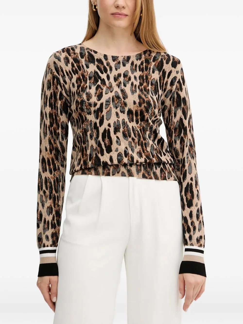 Leopard-Print Striped-Cuff Sweater by Morgan