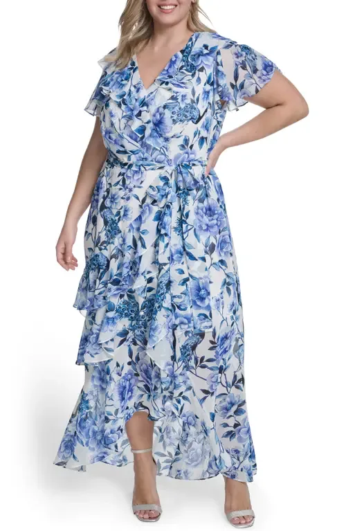 Floral Wrap Bodice Asymmetrical Ruffle Maxi Dress by Eliza J