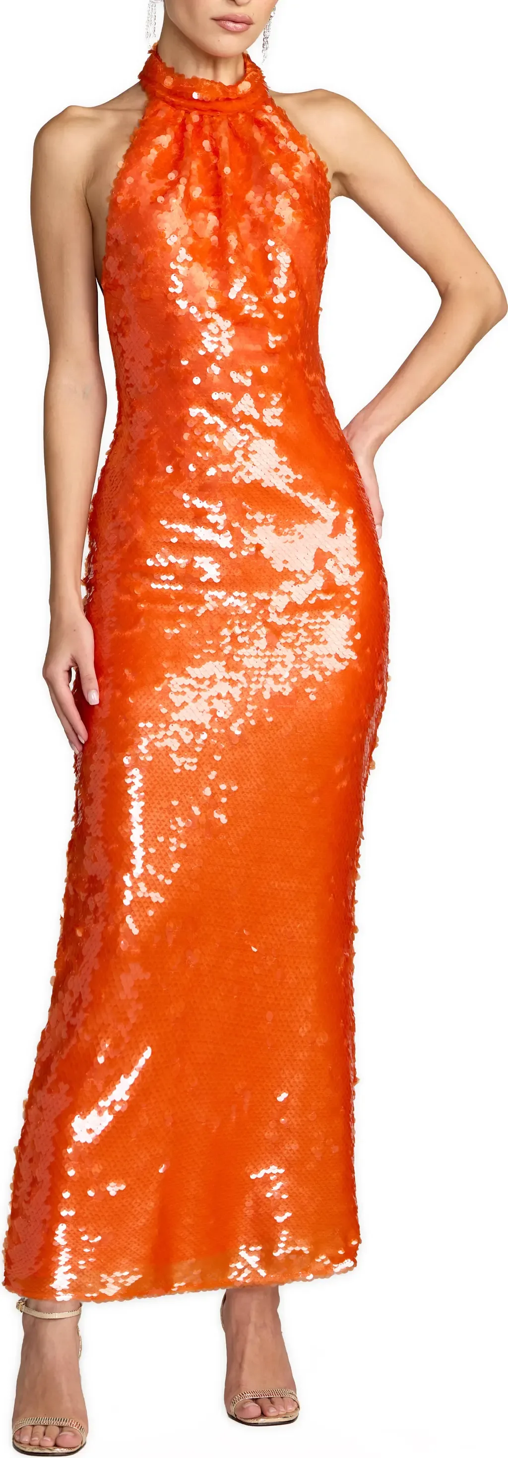 Sleeveless Sequin Halter Cowl Back Ankle Dress by Mac Duggal