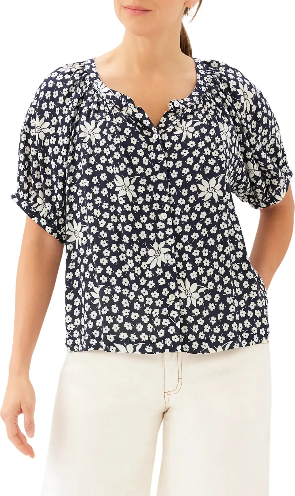 Floral Short Sleeve Button-Up Peasant Top by Karen Kane