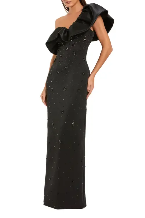 One Shoulder Crepe Crystal Embellished Gown by Mac Duggal