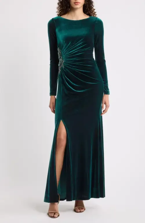 Side Ruched Long Sleeve Velvet Gown by Eliza J