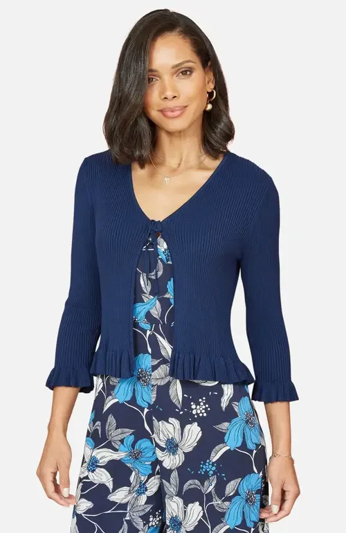 Tie Up Ribbed Frill Hem Cardigan by Yumi