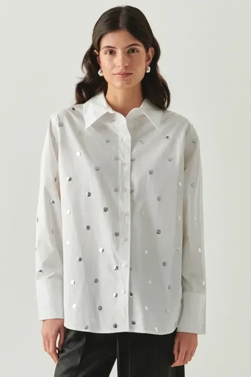 Murphy Long Sleeve Shirt with Metallic Sequin Button Details by Exquise