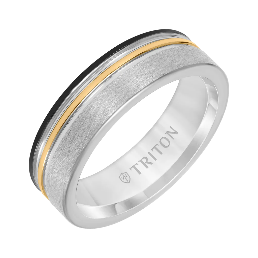 7mm Tungsten Carbide Ring with Black, Yellow and Grey Tungsten Center Groove with Crystaline Finish by Triton