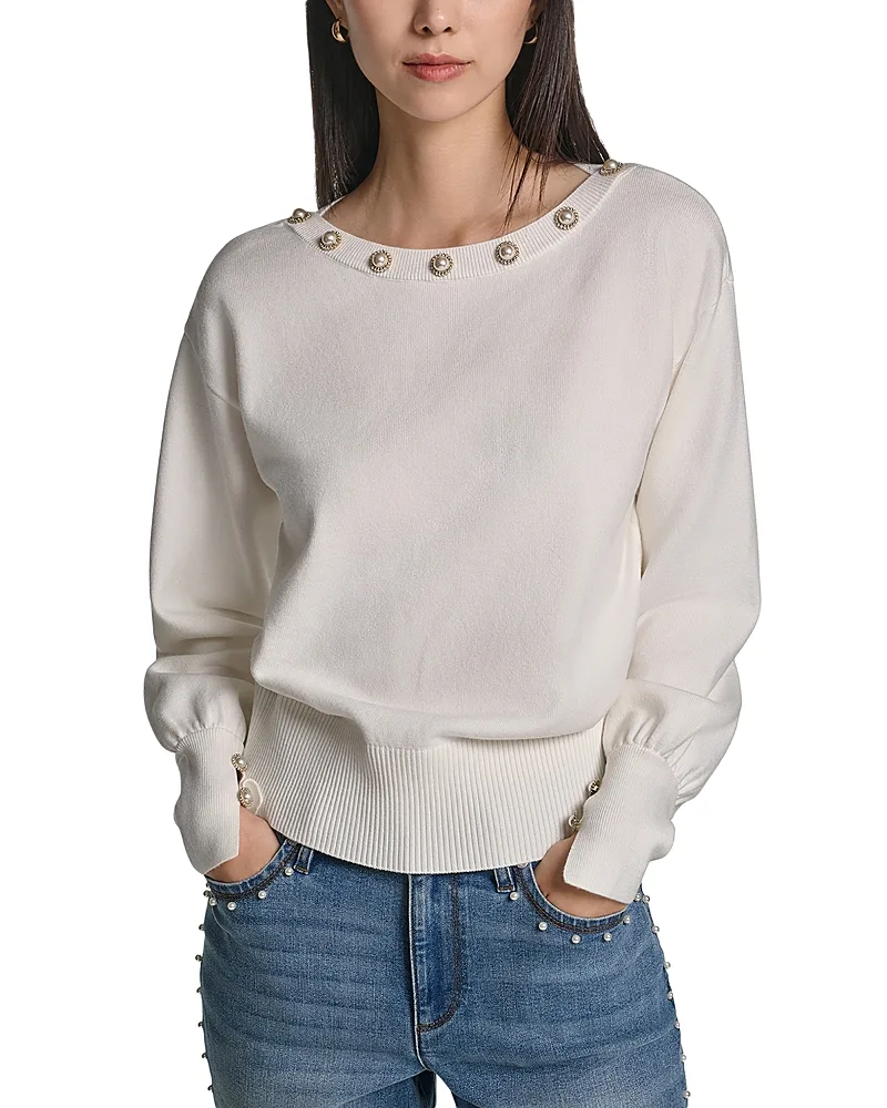 Imitation Pearl Trim Boat Neck Sweater by Karl Lagerfeld