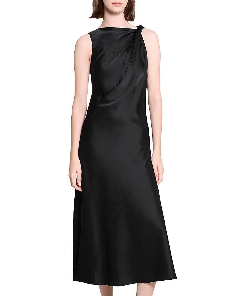 Twist Shoulder Satin Midi Dress by Theory