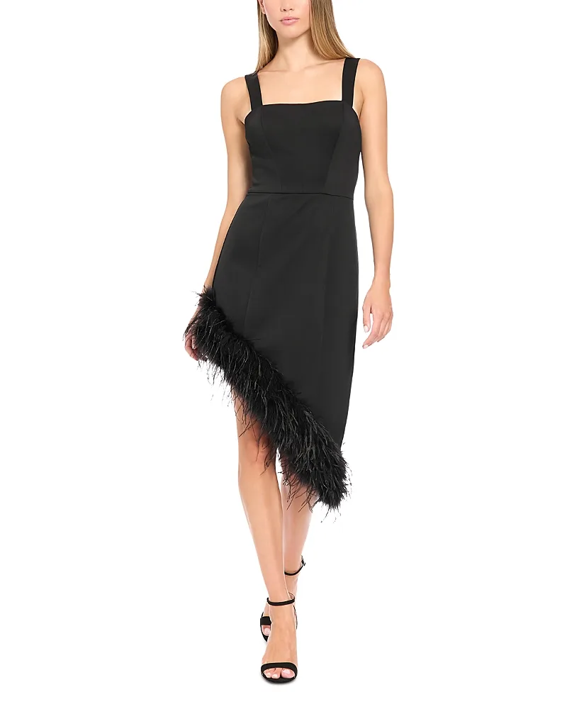 Square Neck Asymmetric Feather Trim Dress by Donna Morgan