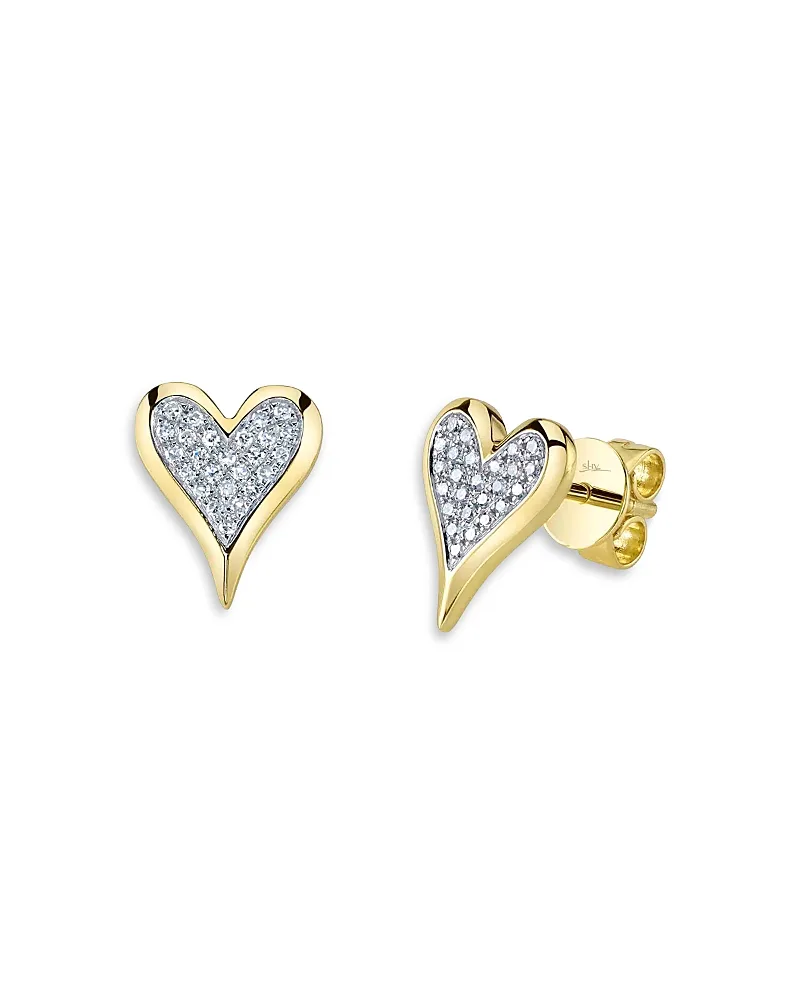 14K Yellow Gold Diamond Pave Heart Stud Earrings by Shy Creation