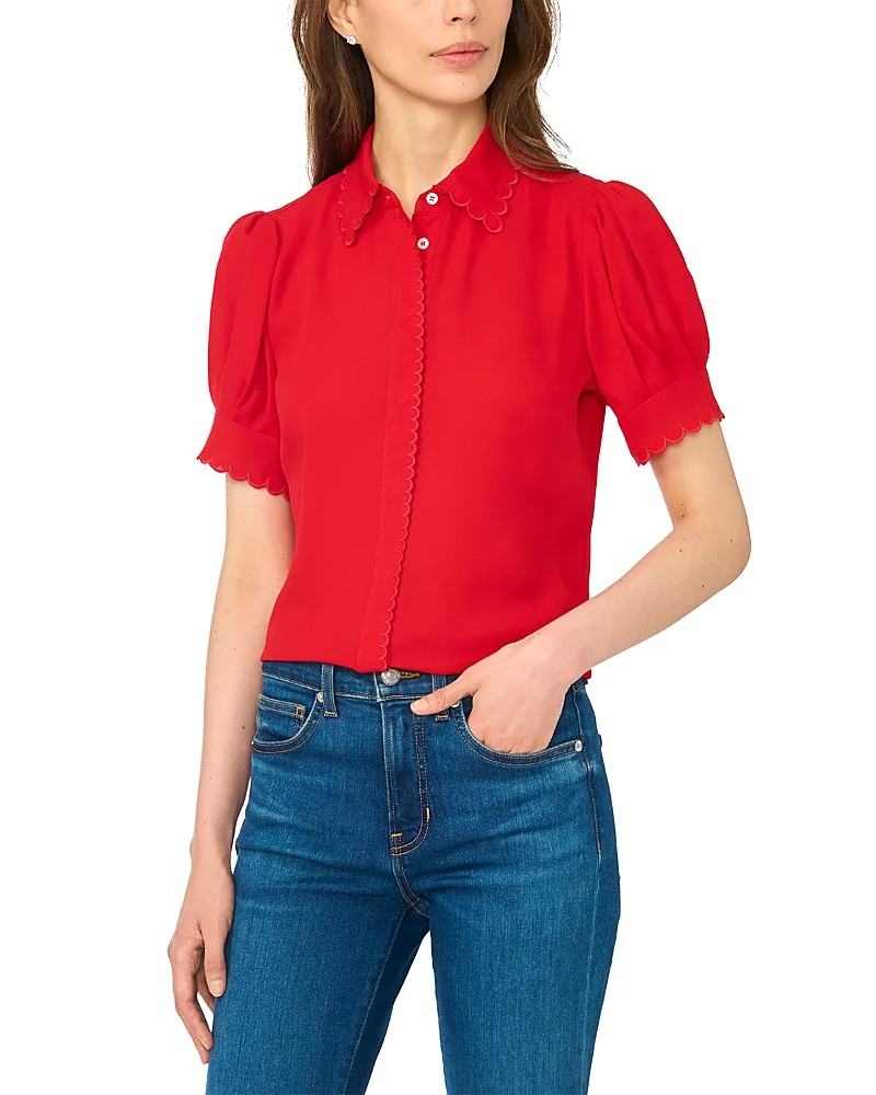Scallop Trim Puff Sleeve Button Up Top by CeCe