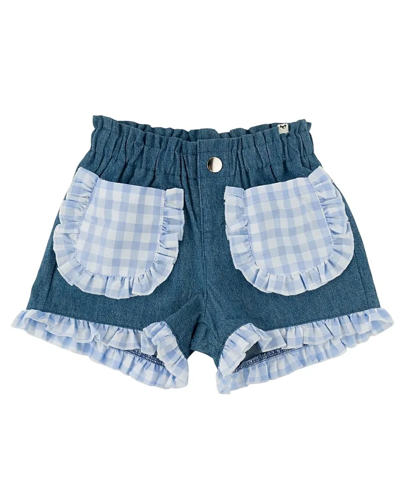 Denim Libby Checks Pocket Ruffle Short by Oh Baby
