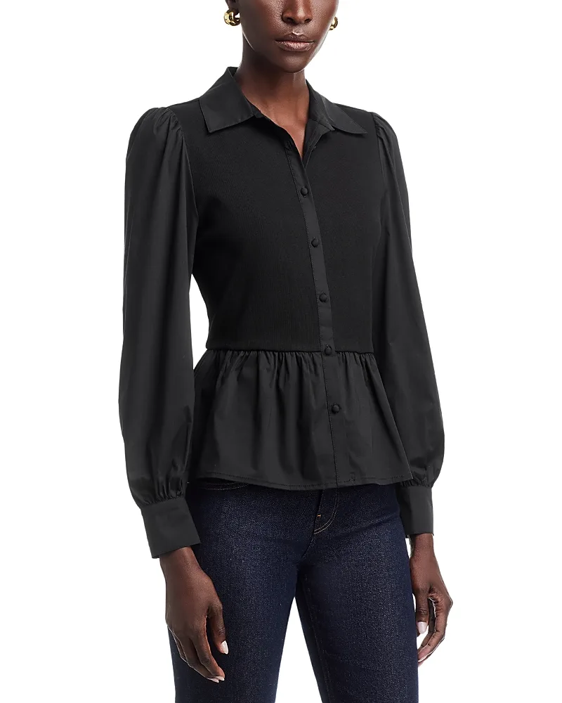 Mixed Media Puff Sleeve Peplum Top by Single Thread