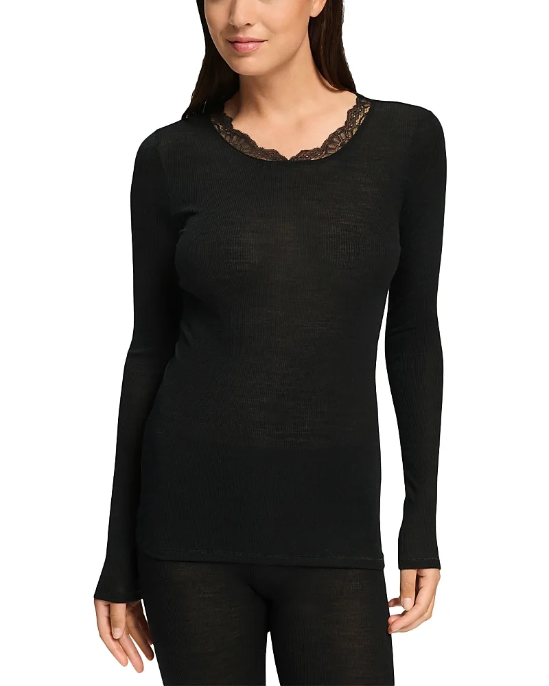 Merino Wool & Silk Lace Trim Pajama Top by Hanro