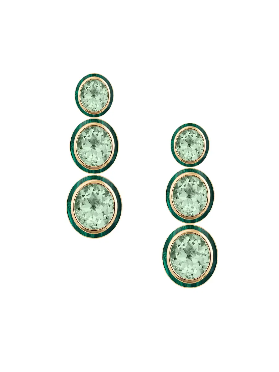 Mlange 18K Yellow Gold, Prasiolite & Malachite Triple Drop Earrings by Goshwara