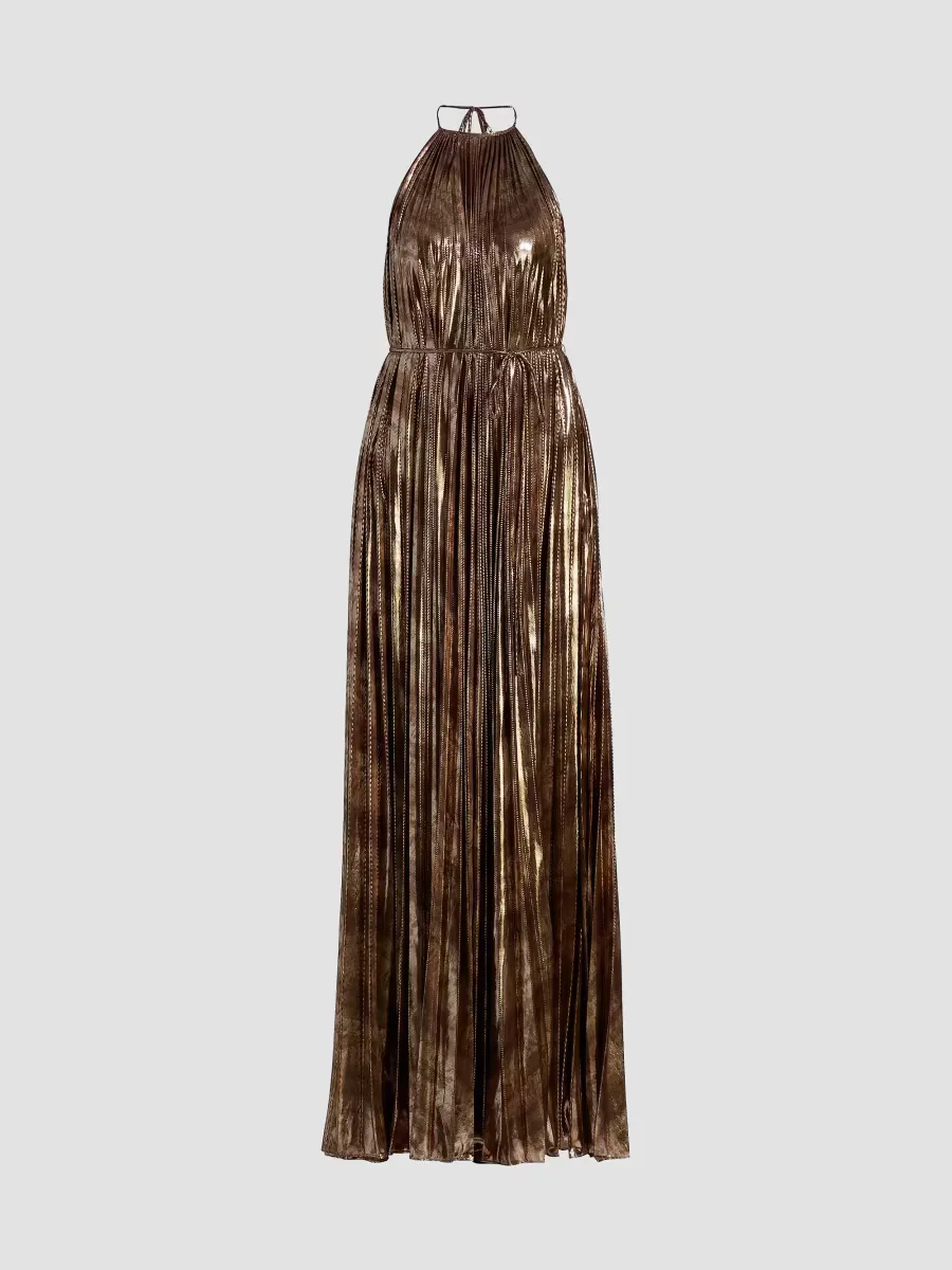 Maxine Metallic Plissé Halter Gown by Halston