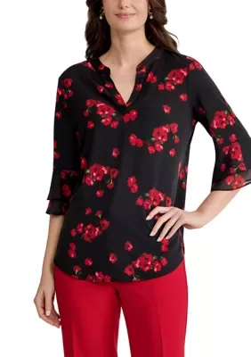 Elbow Flutter Sleeve Split Neck Tunic Top by Kasper