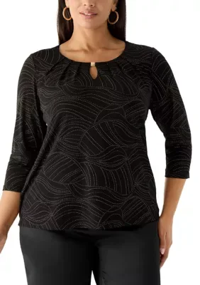 Three Quarter Sleeve Pleat Neck Top by Kasper