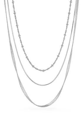 Fine Silver Plated Singapore Beaded Snake & Herringbone Triple Layered Necklace Set, 20 In by Belk Silverworks