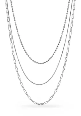 Fine Silver Plated Paperclip Ball & Snake Triple Layered Necklace Set, 20 In by Belk Silverworks