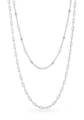 Fine Plated Polished Paperclip & Beaded Pearl Double Layered Necklace Set, 20 In by Belk Silverworks