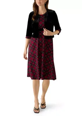 3/4 Sleeve Plaid Dress with Velvet Jacket Set by Studio 1