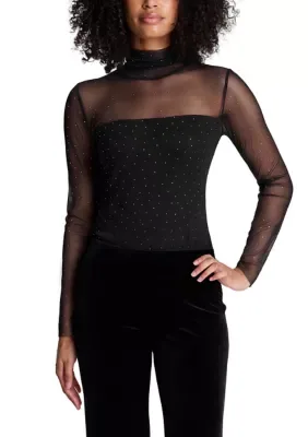 Long Sleeve Sparkle Mesh Mock Neck Top by Kenneth Cole